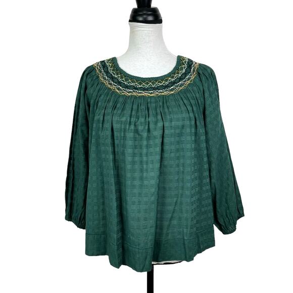 The Great NWT Sea Glass Top Palm Leaf Green Smocked Billowy Checked Cotton Top - Picture 4 of 16
